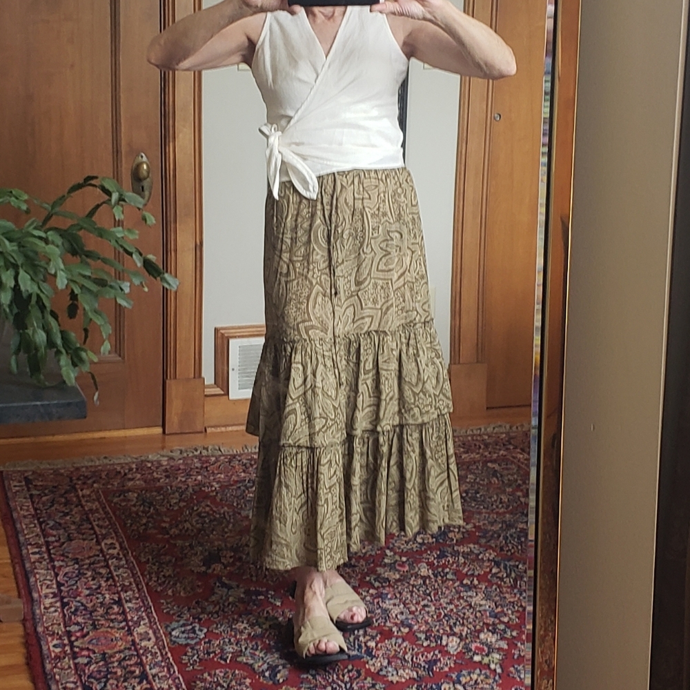 Michael Kors 100% Cotton Maxi Skirt | Olive & Cream | Size Small